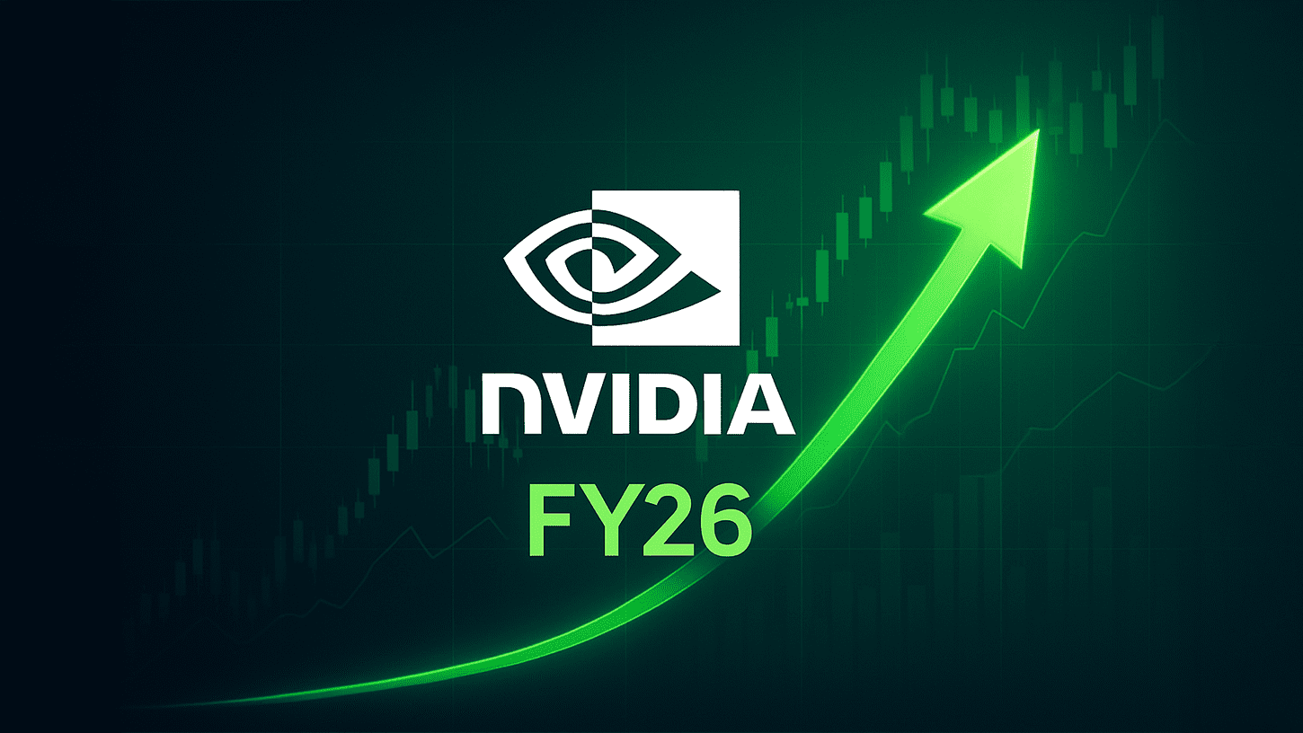 Sleek digital illustration showing NVIDIA’s logo above a glowing green arrow pointing upward, symbolizing strong FY26 performance against a minimal financial chart background.