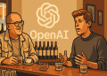 Illustration of Jony Ive and Sam Altman discussing AI hardware at a bar, with the OpenAI logo in the background