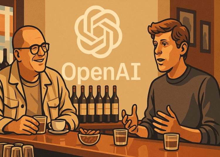 Illustration of Jony Ive and Sam Altman discussing AI hardware at a bar, with the OpenAI logo in the background