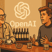 Illustration of Jony Ive and Sam Altman discussing AI hardware at a bar, with the OpenAI logo in the background