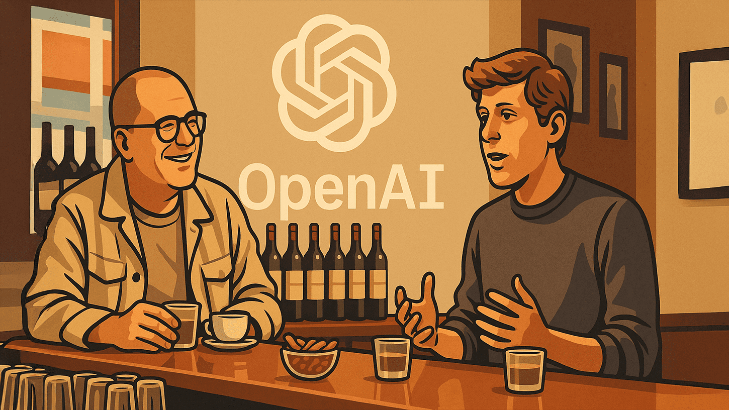 Illustration of Jony Ive and Sam Altman discussing AI hardware at a bar, with the OpenAI logo in the background