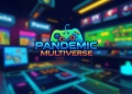 Logo of Pandemic Multiverse displayed in a futuristic neon-lit gaming arcade, showcasing screens and consoles that represent a vibrant Web3 gaming environment.