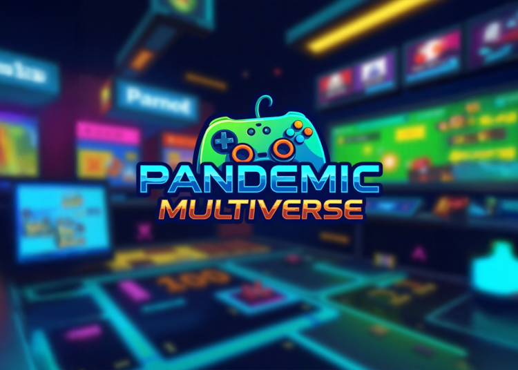 Logo of Pandemic Multiverse displayed in a futuristic neon-lit gaming arcade, showcasing screens and consoles that represent a vibrant Web3 gaming environment.
