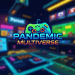 Logo of Pandemic Multiverse displayed in a futuristic neon-lit gaming arcade, showcasing screens and consoles that represent a vibrant Web3 gaming environment.