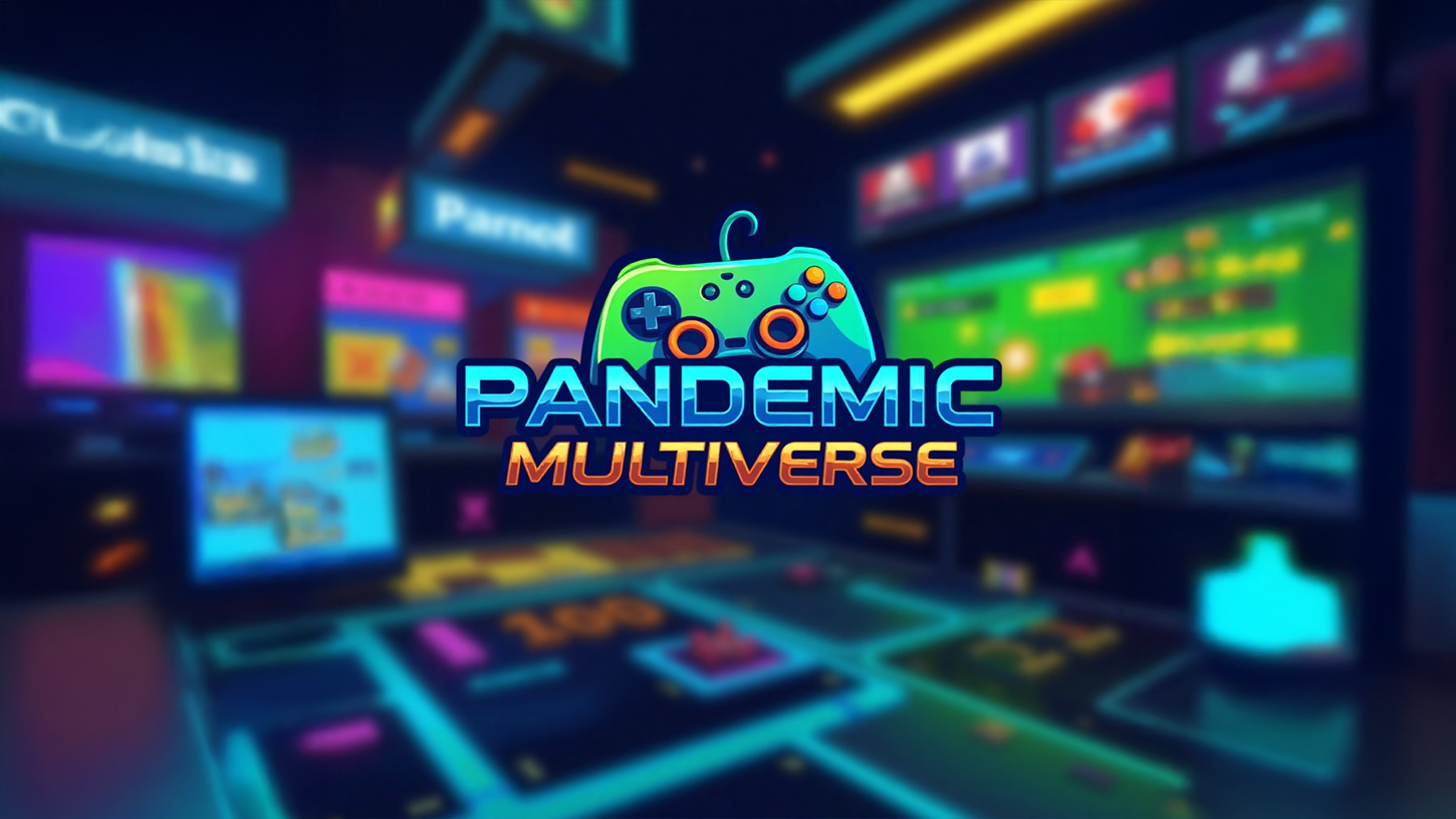 Logo of Pandemic Multiverse displayed in a futuristic neon-lit gaming arcade, showcasing screens and consoles that represent a vibrant Web3 gaming environment.