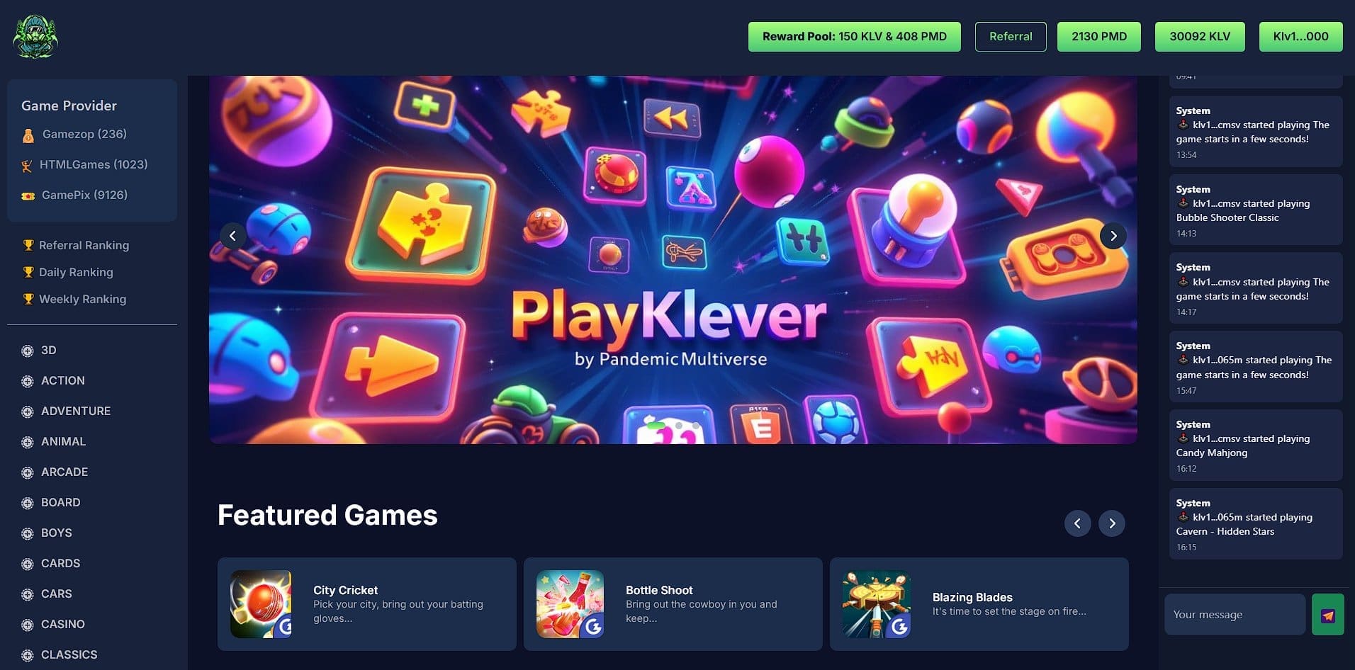 Screenshot of the PlayKlever platform by Pandemic Multiverse showcasing HTML5 games, KleverChain wallet integration, and live gameplay feed.