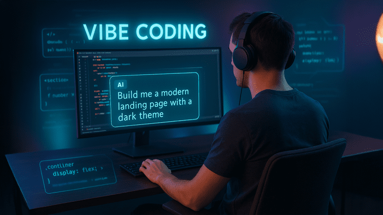 A developer using AI to generate code in a neon-lit workspace, with holographic prompts and code snippets illustrating the concept of Vibe Coding.