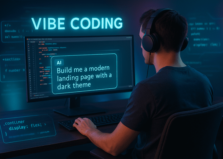A developer using AI to generate code in a neon-lit workspace, with holographic prompts and code snippets illustrating the concept of Vibe Coding.