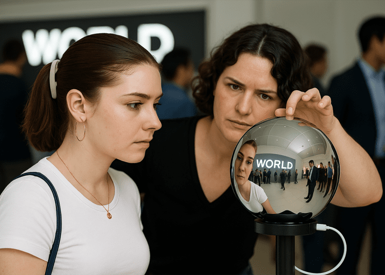 Futuristic Orb scanning a user's eye in a retail store, showcasing Worldcoin's biometric identity and Visa debit card expansion in the US.