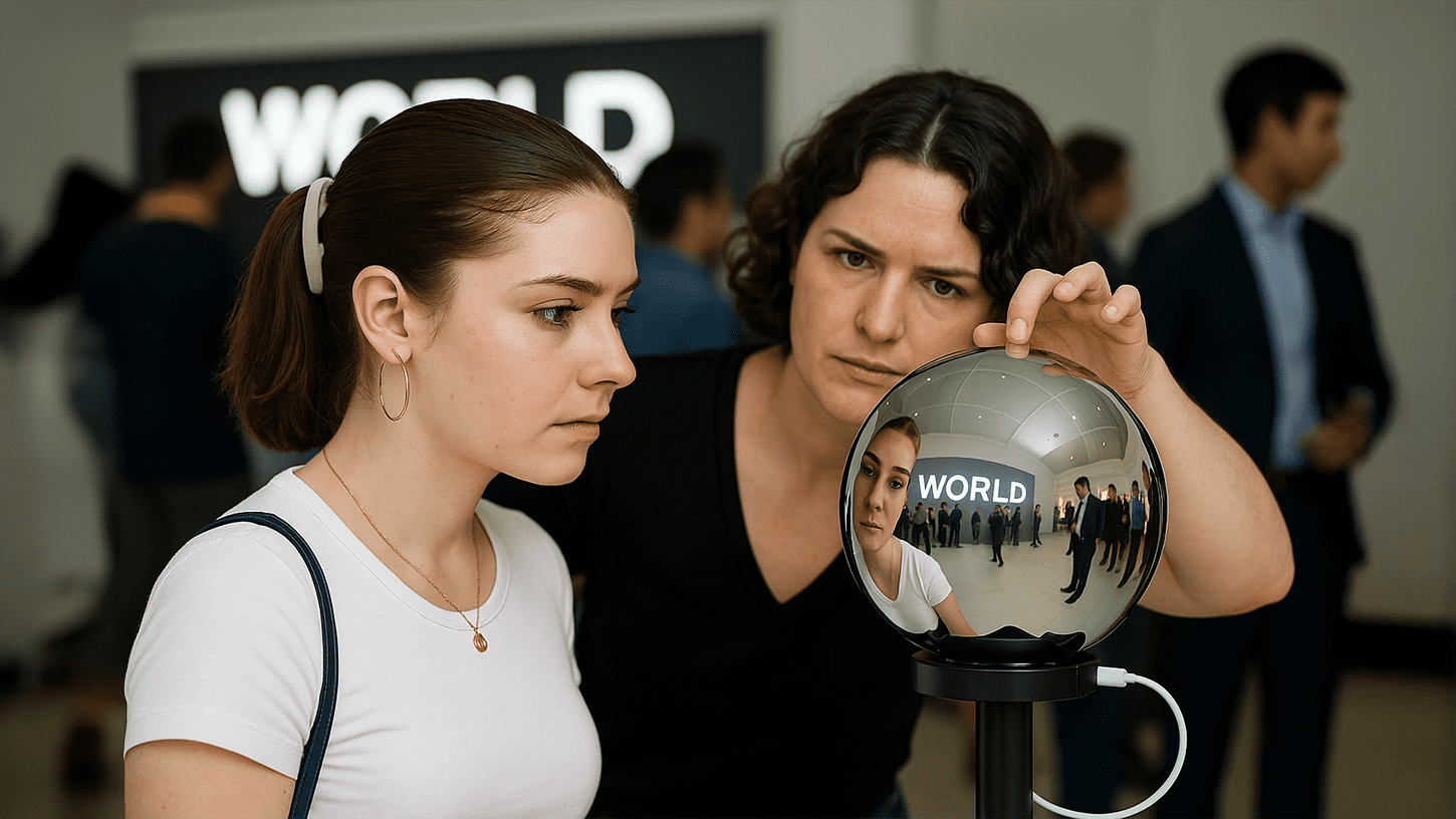 Futuristic Orb scanning a user's eye in a retail store, showcasing Worldcoin's biometric identity and Visa debit card expansion in the US.