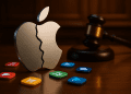 Cracked Apple logo on courtroom table surrounded by glowing digital app icons with gavel in background