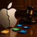 Cracked Apple logo on courtroom table surrounded by glowing digital app icons with gavel in background