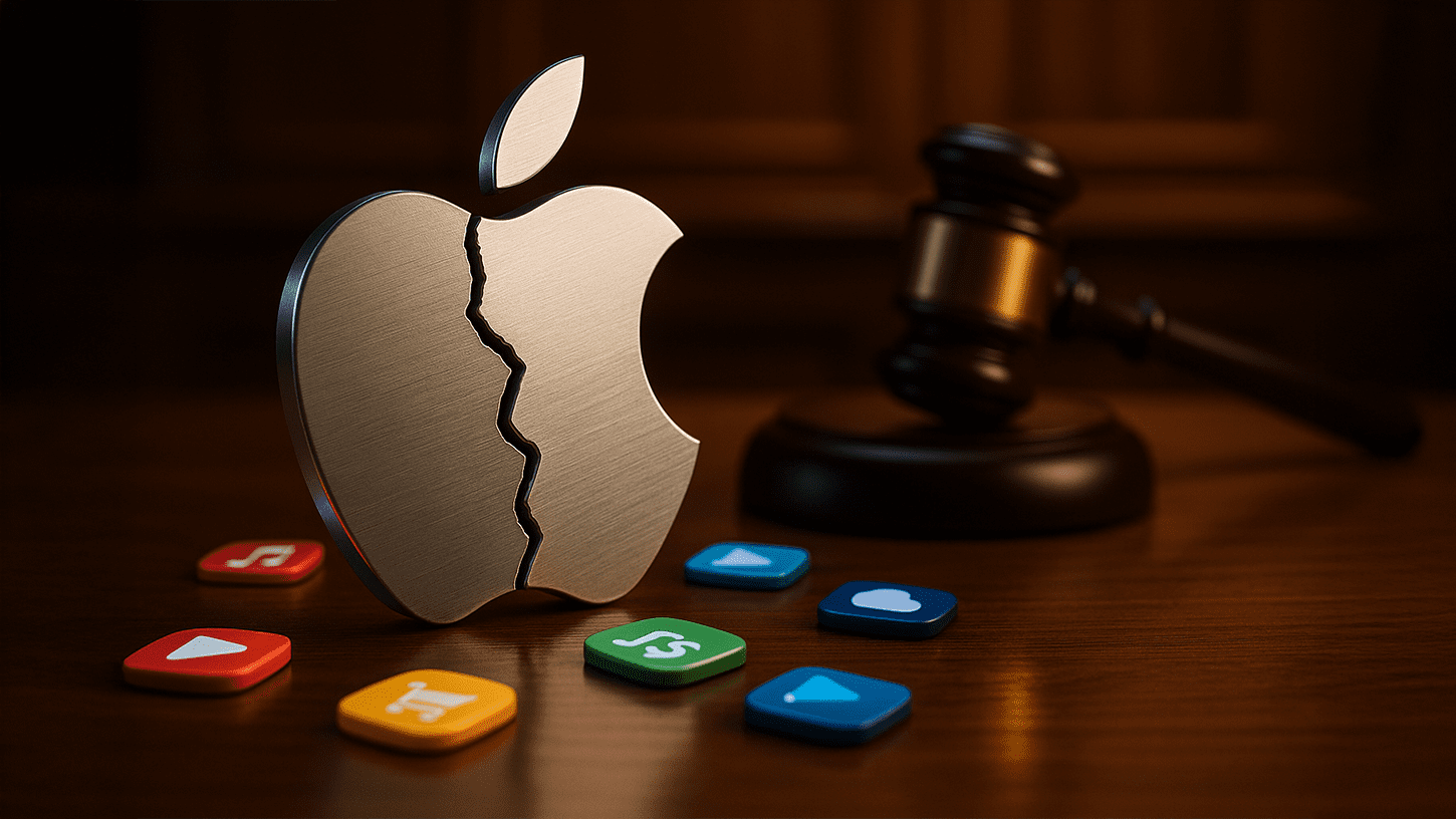 Cracked Apple logo on courtroom table surrounded by glowing digital app icons with gavel in background
