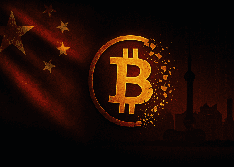 Fractured Bitcoin symbol dissolving in front of the Chinese flag and Shanghai skyline, symbolizing China's 2025 crypto ownership ban.