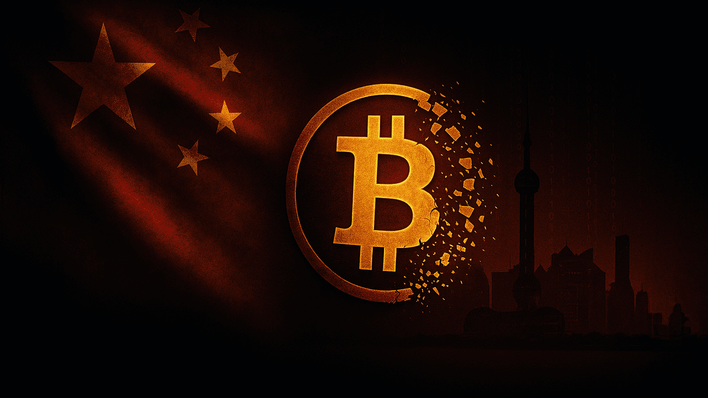 Fractured Bitcoin symbol dissolving in front of the Chinese flag and Shanghai skyline, symbolizing China's 2025 crypto ownership ban.