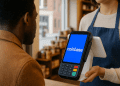 A customer in a U.S. retail store looks at a Coinbase-branded payment terminal held by a cashier, representing real-world crypto adoption