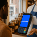 A customer in a U.S. retail store looks at a Coinbase-branded payment terminal held by a cashier, representing real-world crypto adoption