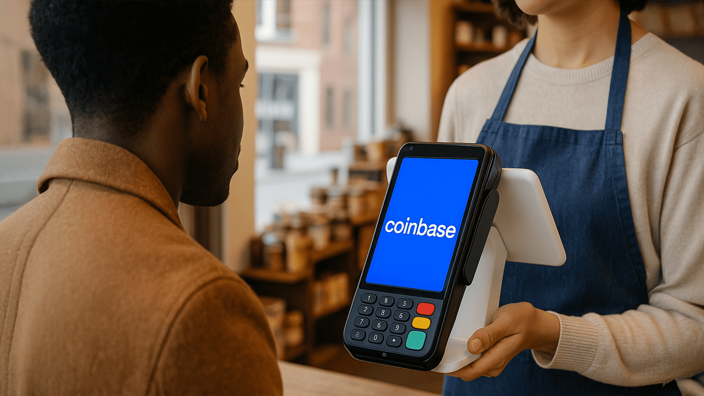 A customer in a U.S. retail store looks at a Coinbase-branded payment terminal held by a cashier, representing real-world crypto adoption