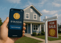 Person holding crypto wallet app using Bitcoin as mortgage collateral in front of suburban home with for sale sign
