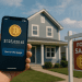 Person holding crypto wallet app using Bitcoin as mortgage collateral in front of suburban home with for sale sign