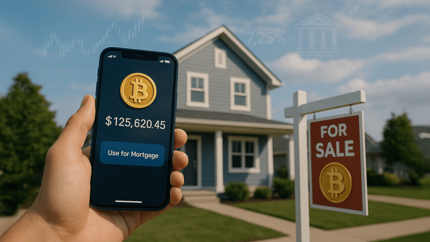 Person holding crypto wallet app using Bitcoin as mortgage collateral in front of suburban home with for sale sign