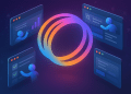 A futuristic digital illustration showing multiple AI-powered agents managing browser windows around a glowing, multicolored ring. The interface elements include charts, search bars, checklists, and chat windows, with humanoid icons interacting across each frame. The background features deep purples and blues, evoking a high-tech, intelligent digital workspace.