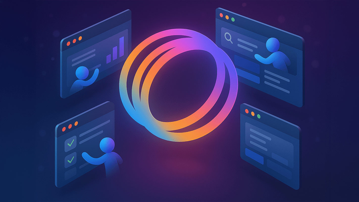 A futuristic digital illustration showing multiple AI-powered agents managing browser windows around a glowing, multicolored ring. The interface elements include charts, search bars, checklists, and chat windows, with humanoid icons interacting across each frame. The background features deep purples and blues, evoking a high-tech, intelligent digital workspace.