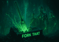 A glowing green NEAR-branded fork pierces a broken blockchain server marked "FORK THAT," surrounded by futuristic AI agents in a cyberpunk cityscape.