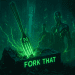 A glowing green NEAR-branded fork pierces a broken blockchain server marked "FORK THAT," surrounded by futuristic AI agents in a cyberpunk cityscape.