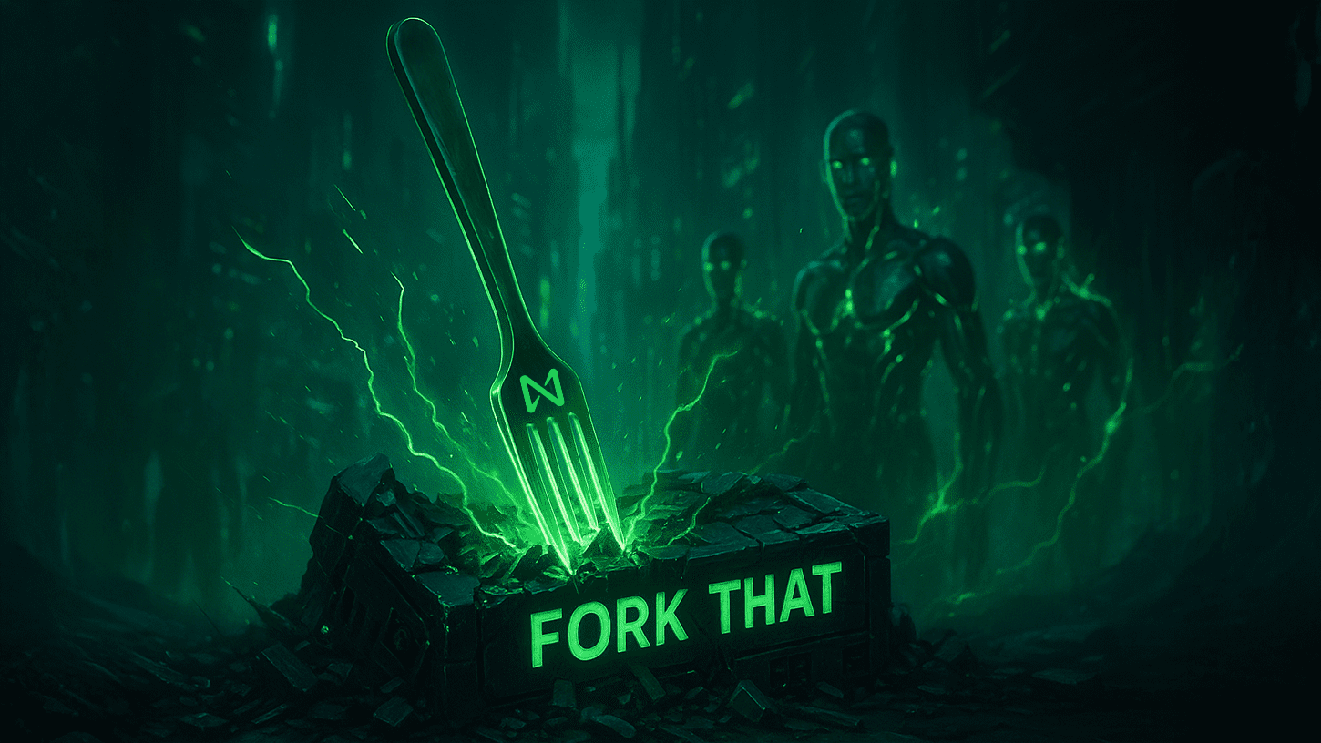 A glowing green NEAR-branded fork pierces a broken blockchain server marked "FORK THAT," surrounded by futuristic AI agents in a cyberpunk cityscape.