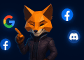 3D illustration of a MetaMask-inspired fox character pointing at floating social login icons for Google, Facebook, Discord, and X on a dark blue background.