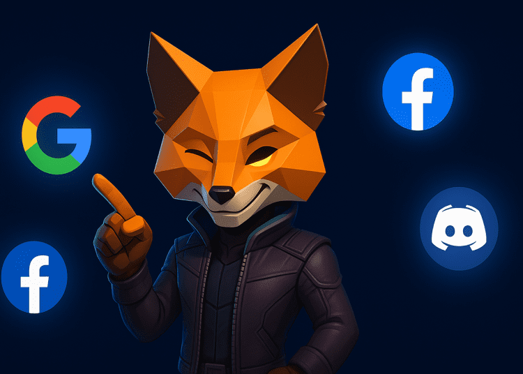 3D illustration of a MetaMask-inspired fox character pointing at floating social login icons for Google, Facebook, Discord, and X on a dark blue background.