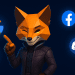 3D illustration of a MetaMask-inspired fox character pointing at floating social login icons for Google, Facebook, Discord, and X on a dark blue background.
