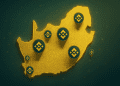 A 3D digital illustration of a glowing South African map with multiple Binance logo pins, including a visible pin on Cape Town, representing crypto payment expansion