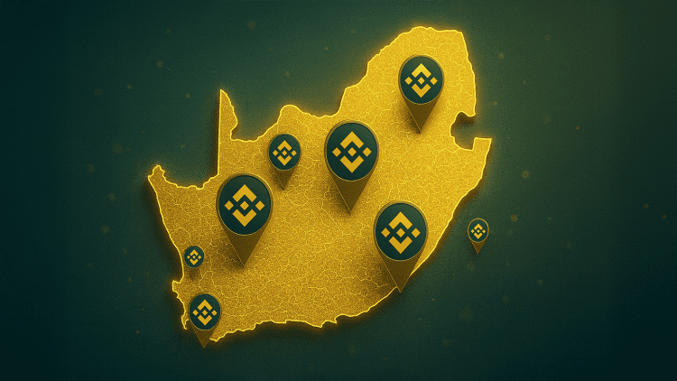 A 3D digital illustration of a glowing South African map with multiple Binance logo pins, including a visible pin on Cape Town, representing crypto payment expansion