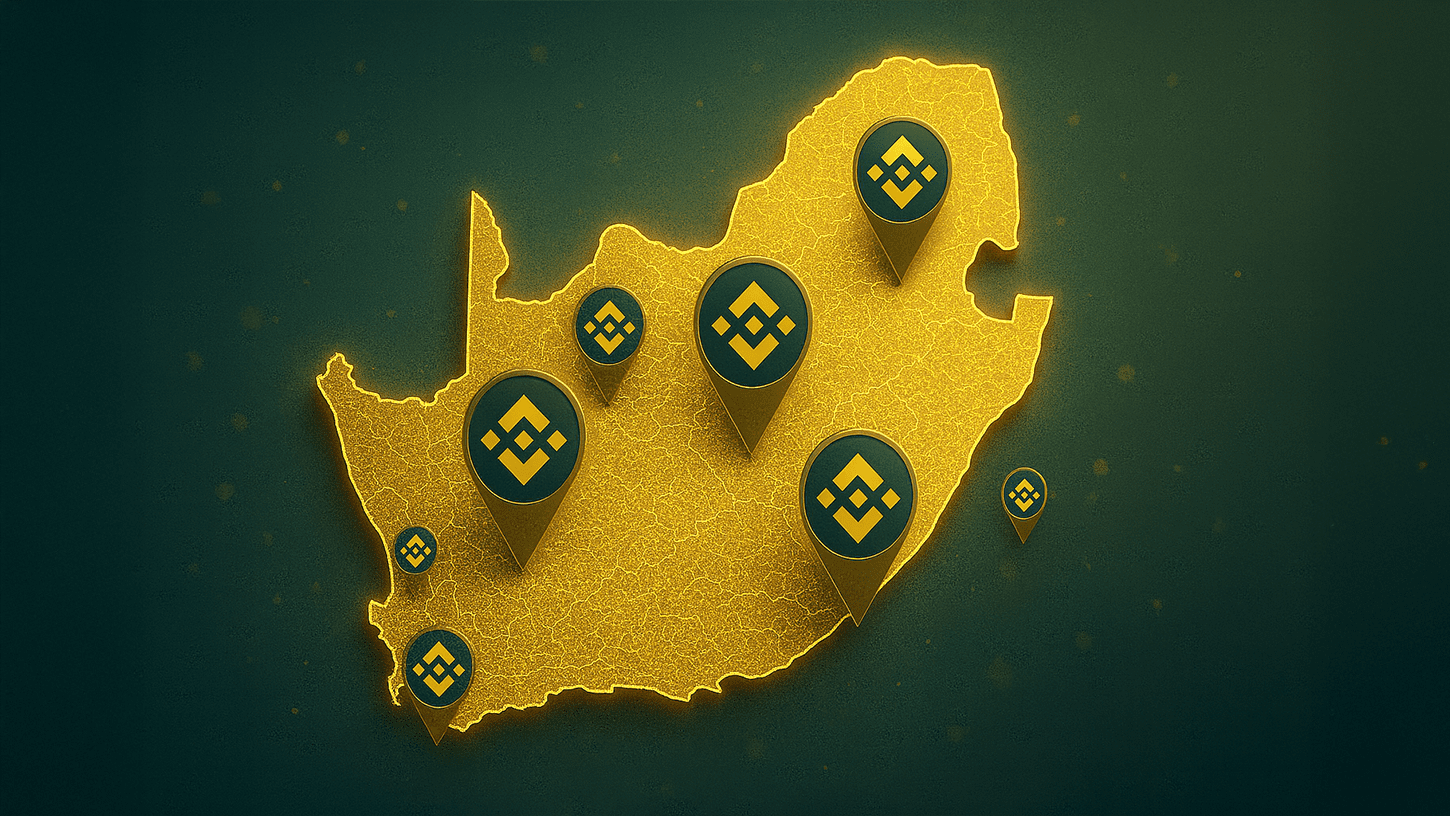 A 3D digital illustration of a glowing South African map with multiple Binance logo pins, including a visible pin on Cape Town, representing crypto payment expansion