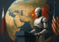 Futuristic AI governance summit with Chinese delegate presenting in front of global audience and holographic world map