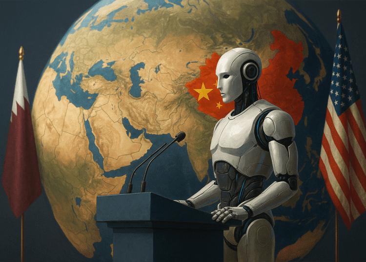 Futuristic AI governance summit with Chinese delegate presenting in front of global audience and holographic world map