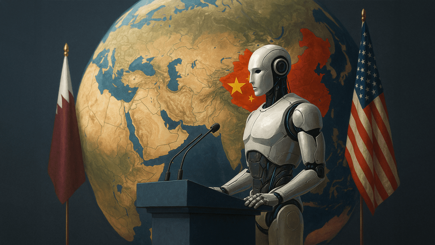 Futuristic AI governance summit with Chinese delegate presenting in front of global audience and holographic world map