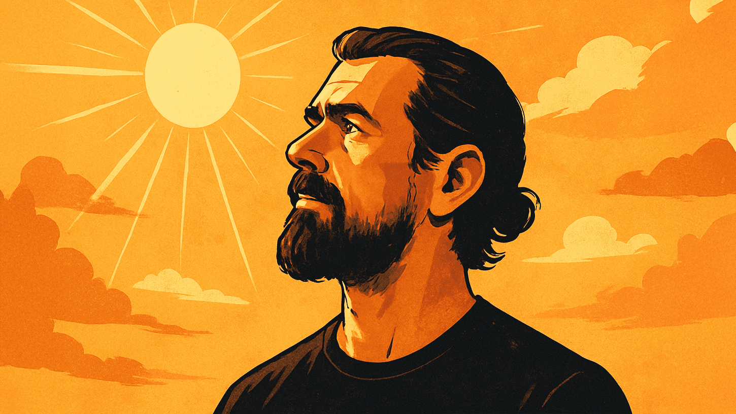 Stylized digital illustration of Jack Dorsey looking at the sun, symbolizing his Sun Day app and vibe coding philosophy.