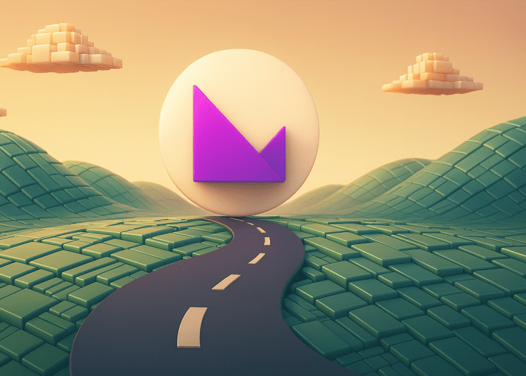 3D-rendered illustration of a winding road leading through a futuristic blockchain-inspired landscape made of green tile-like grass, with a glowing Klever logo at the horizon and voxel-style clouds floating above.