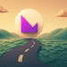3D-rendered illustration of a winding road leading through a futuristic blockchain-inspired landscape made of green tile-like grass, with a glowing Klever logo at the horizon and voxel-style clouds floating above.