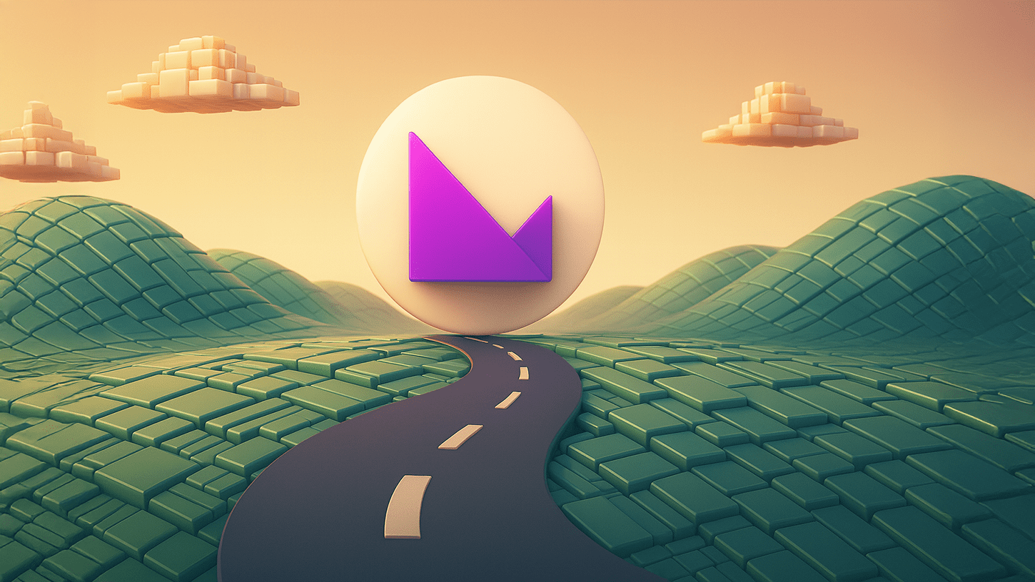 3D-rendered illustration of a winding road leading through a futuristic blockchain-inspired landscape made of green tile-like grass, with a glowing Klever logo at the horizon and voxel-style clouds floating above.