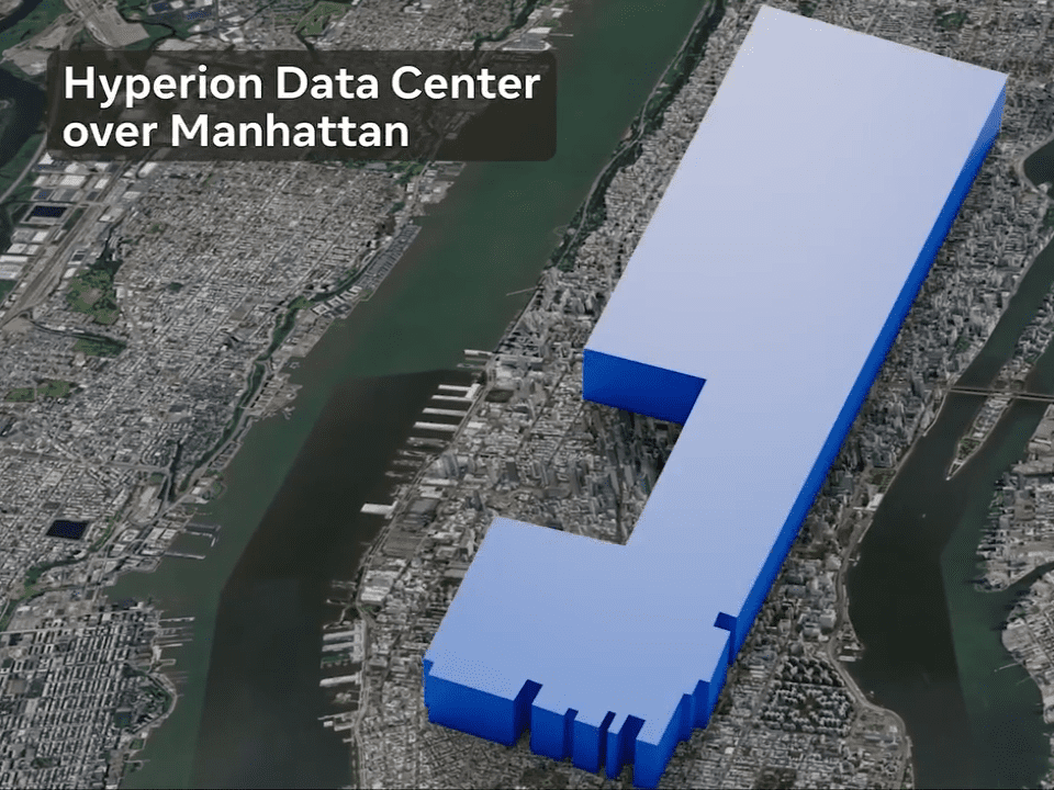 3D rendering of Meta’s Hyperion data center over Manhattan skyline, illustrating its massive physical footprint.