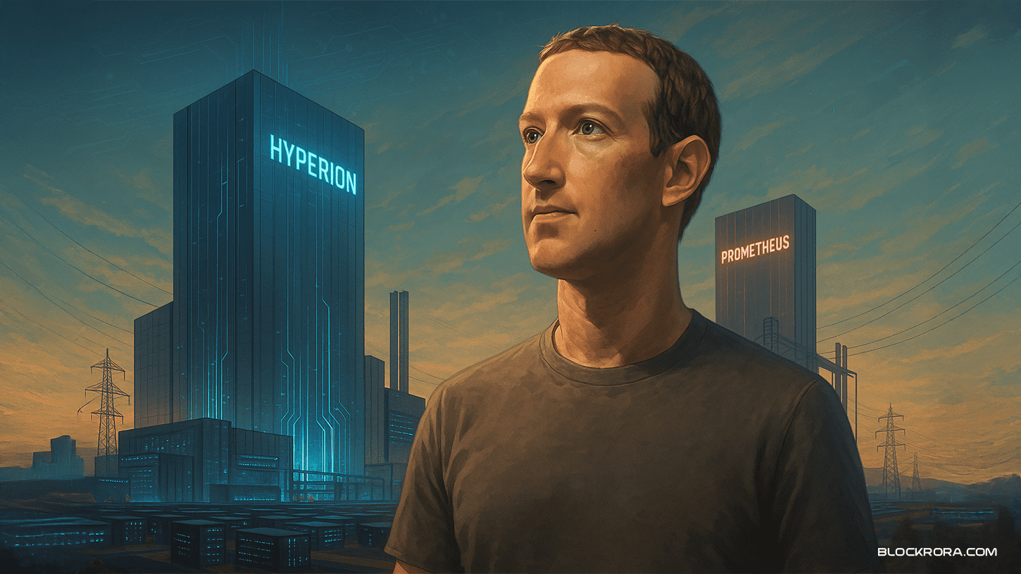 Illustration of Mark Zuckerberg with Meta’s Hyperion and Prometheus AI data centers in the background, symbolizing Meta’s push for superintelligent infrastructure