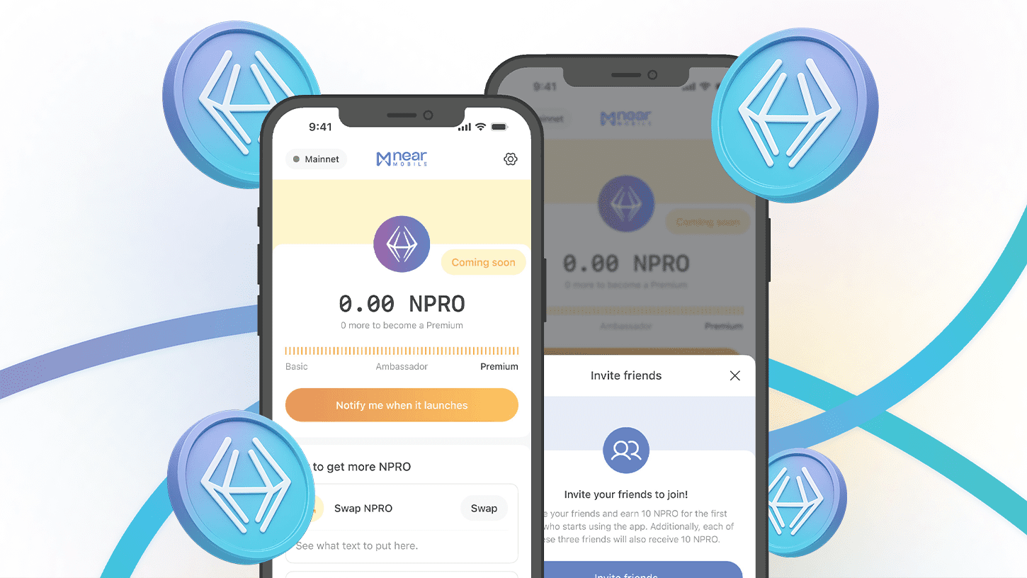 NEAR Mobile Wallet interface displaying NPro token dashboard, tiered membership levels, and referral features for Web3 wallet adoption