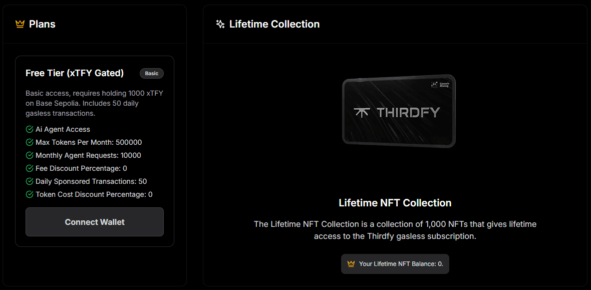 The Lifetime NFT Collection is a collection of 1,000 NFTs that gives lifetime access to the Thirdfy AI-Powered DeFI gasless subscription.