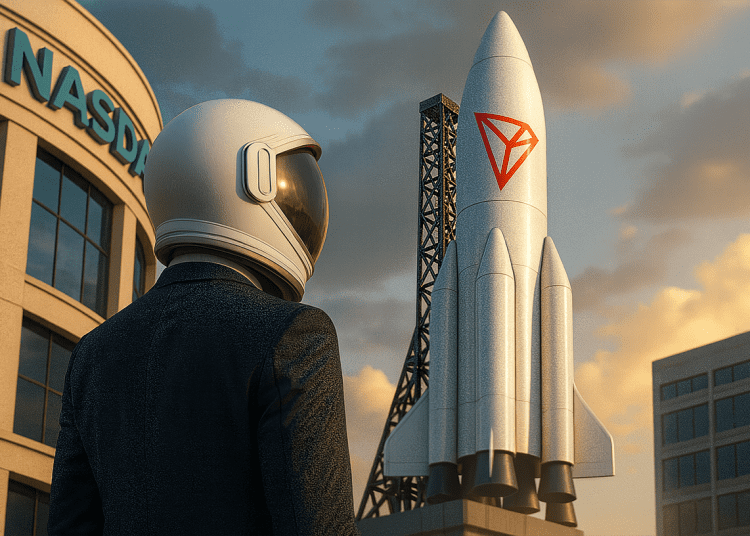 Astronaut in business suit wearing a space helmet, standing outside the Nasdaq building and looking at a TRON-branded rocket on a launchpad.