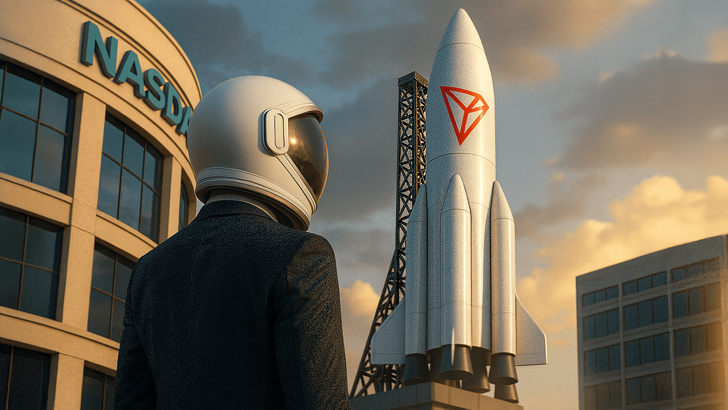 Astronaut in business suit wearing a space helmet, standing outside the Nasdaq building and looking at a TRON-branded rocket on a launchpad.
