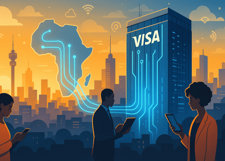 Illustration of Visa's Johannesburg data centre powering digital payment infrastructure across Africa at sunrise
